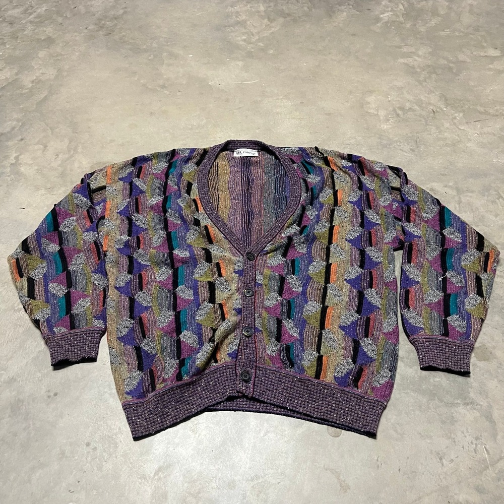 Vintage St Croix Shop 3D Stitching Cardigan Sweater Mens XL Multi Geometric